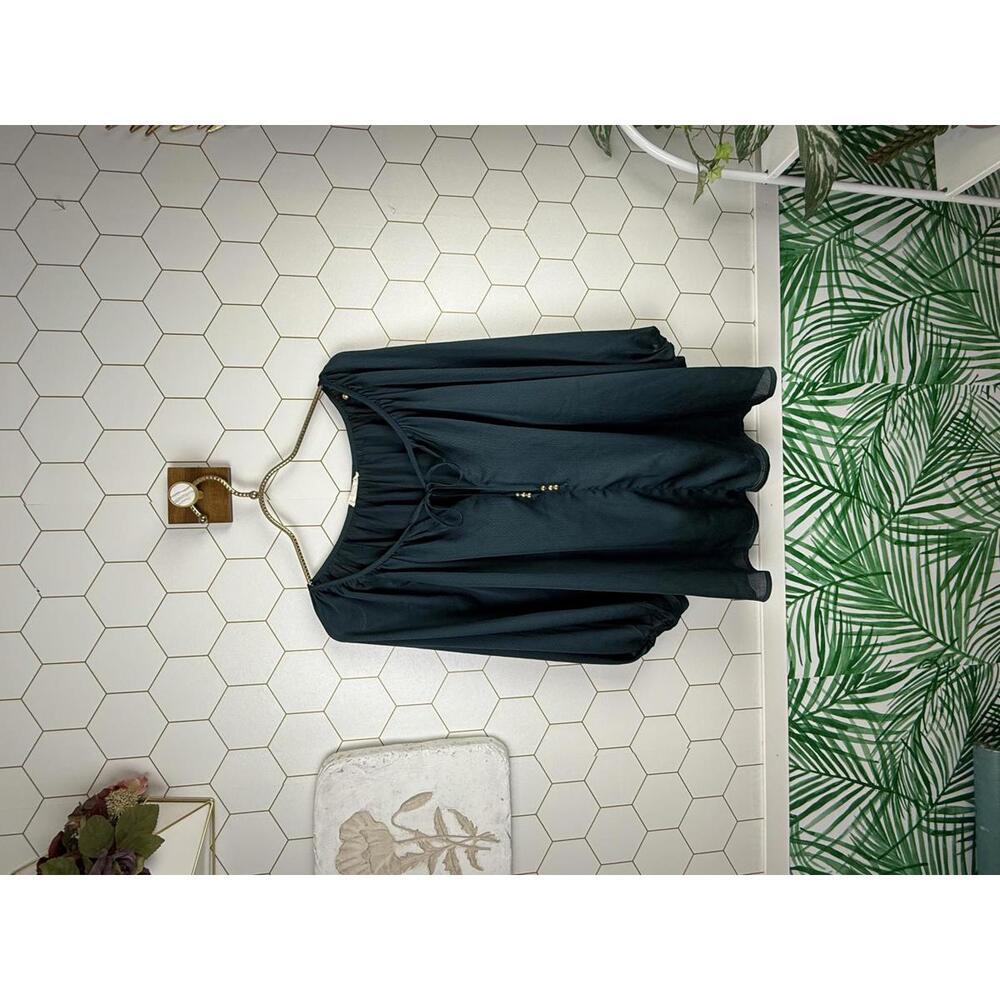 Easel Dark Green Blue Long Sleeve Satin Bohemian Tied Blouse - Size - Small